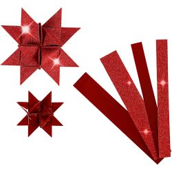 Bandes de papier étoiles, L : 44+78 cm, d 6,5+11,5 cm, L : 15+25 mm, paillettes,vernis, rouge, 40bandes/ 1 Pq.