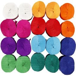 Rouleaux de Papier Crépon, L : 20 M, L : 5 cm, 22 gr, ass. de couleurs, 20rouleau/ 1 Pq.