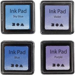 Tampon encreur , H : 2 cm, dim. 3,5x3,5 cm, bleu, bleu ciel, violet, violet, 4pièces/ 1 Pq.