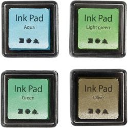 Tampon encreur , H : 2 cm, dim. 3,5x3,5 cm, vert, vert clair, olive, aqua, 4pièces/ 1 Pq.