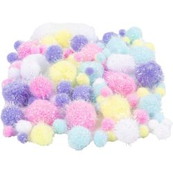 Pompons, 15-40 mm, paillettes, couleurs pastel, 62gr/ 1 Pq.
