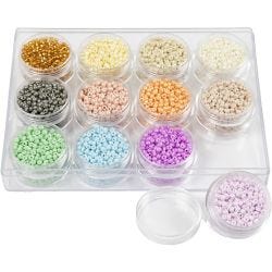 Perles de rocaille, d 3 mm, dim. 8/0, diamètre intérieur 0,6-1,0 mm, couleurs pastel, 12x17gr/ 1 Pq.