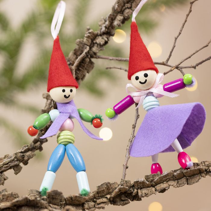 Paire de lutins en perles en bois et feutre
