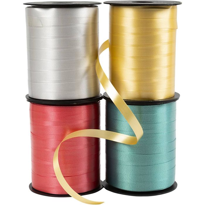 Ruban cadeau, L : 10 mm, brillante, or, vert, rouge, argent, 4x250 m/ 1 Pq.