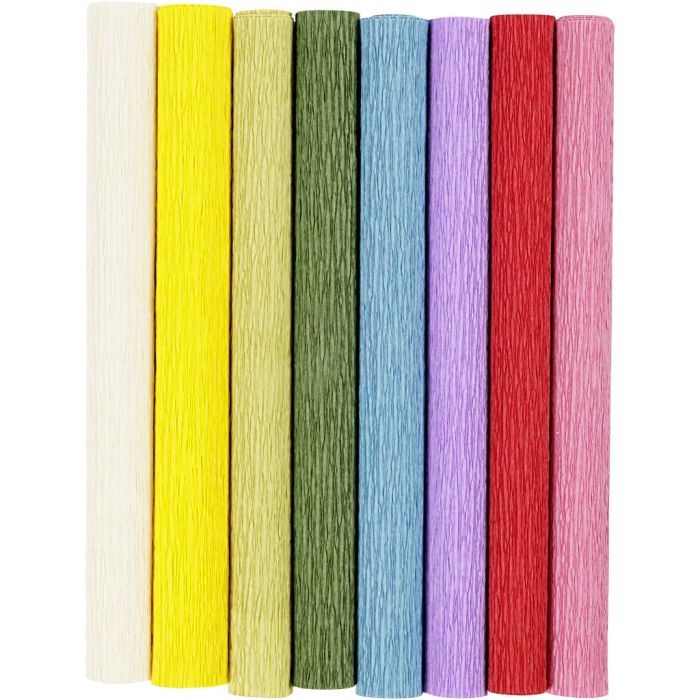 Papier Crépon, feuille 25x60 cm, Crêpé à 180%, 105 gr, couleurs classiques, 8 flles/ 1 Pq.
