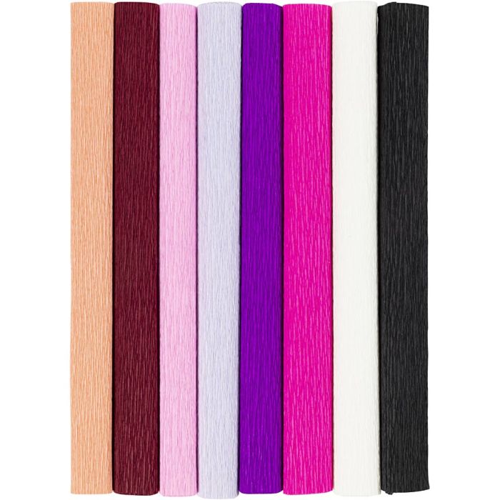 Papier Crépon, feuille 25x60 cm, Crêpé à 180%, 105 gr, harmonie violet/rose, 8 flles/ 1 Pq.