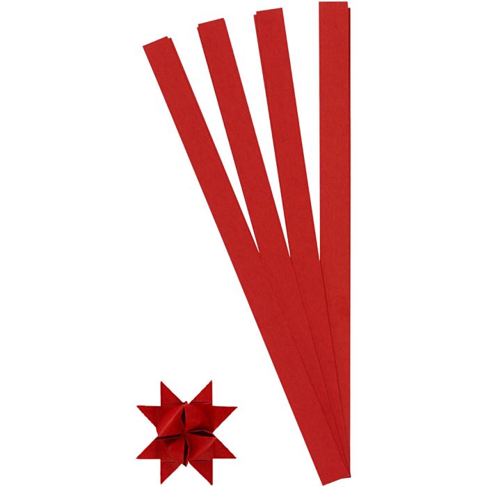 Bandes de papier étoiles, L : 45 cm, L : 15 mm, d 6,5 cm, rouge, 100 bandes/ 1 Pq.