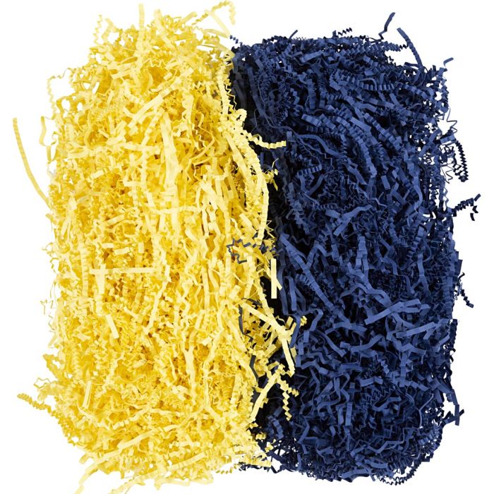 Frisure de Papier, L : 25-30 cm, L : 3 mm, bleu foncé, jaune, 2x50 gr/ 1 Pq.