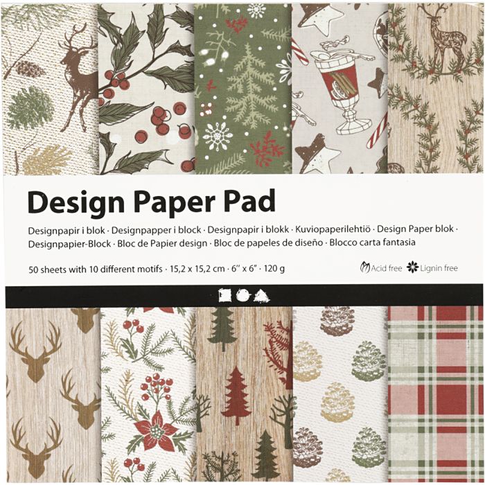 Bloc de papier design, feuille 15,2x15,2 cm, Noël, 120 gr, beige, rouge, 50 flles/ 1 Pq.