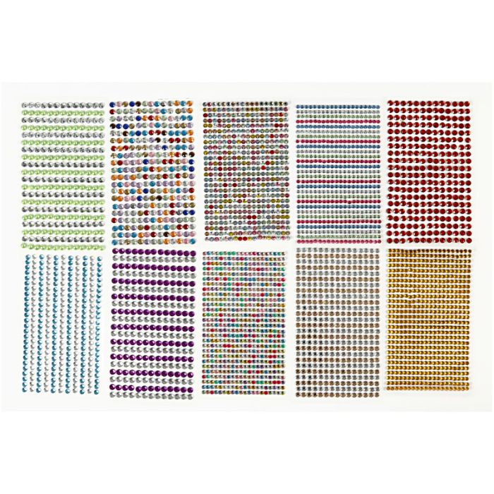 Rangs de pierres de strass, d 4-6 mm, feuille 16x9,5 cm, ass. de couleurs, 10 flles/ 1 Pq.
