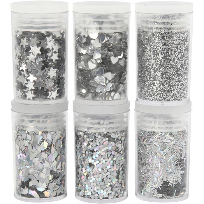 Paillettes & sequins biodégradables, argent, 6x7 ml/ 1 Pq.