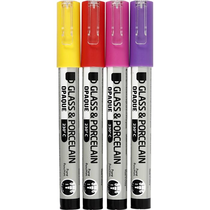 Feutre pour verre et porcelaine, trait 1-2 mm, semi opaque, orange, violet, rouge clair, jaune, 4 pièces/ 1 Pq.