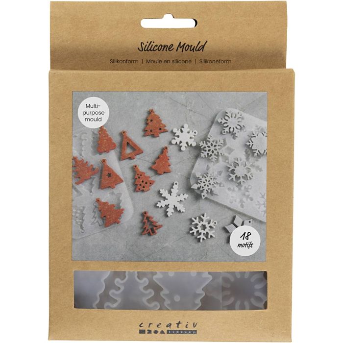 Moule en silicone, Flocons de neige et sapins de Noël, H : 0,3 cm, L : 3,5+4,7 cm, avec trou de suspension, transparent mat, 2 pièces/ 1 pièce