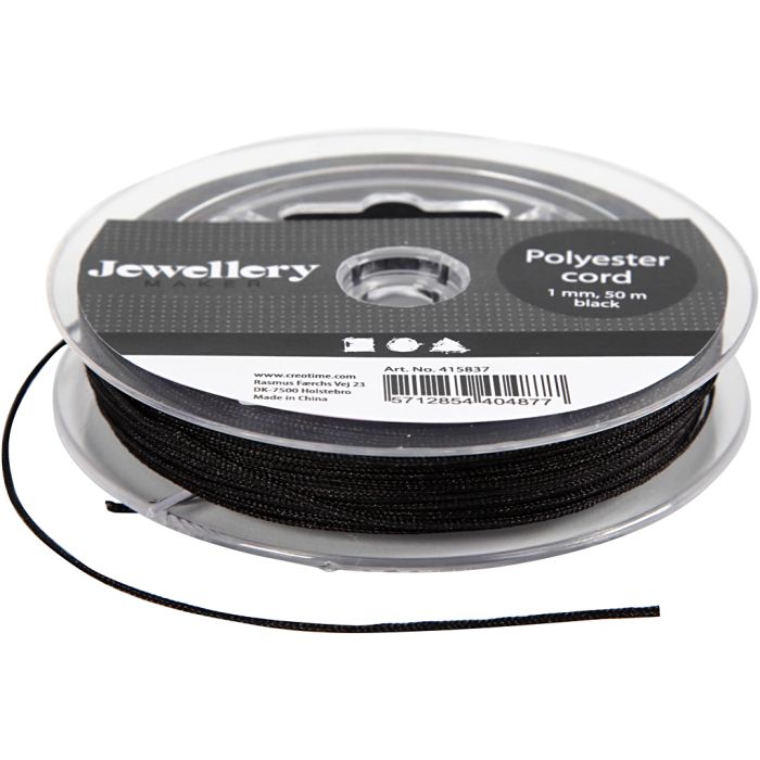 Cordon en polyester, ép. 1 mm, noir, 50 m/ 1 rouleau