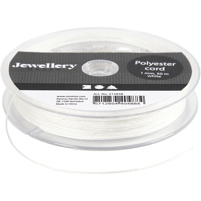 Cordon en polyester, ép. 1 mm, blanc, 50 m/ 1 rouleau