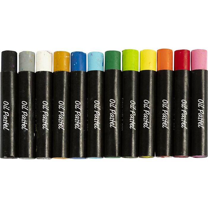 Pastels à l’huile, L : 7 cm, ép. 11 mm, couleurs classiques, 12 pièces/ 1 Pq.