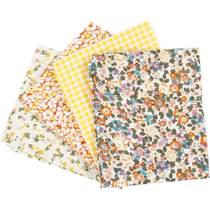 Tissu patchwork, dim. 45x55 cm, 100 gr, jaune, 4 pièces/ 1 boule