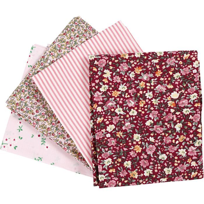 Tissu patchwork, dim. 45x55 cm, 100 gr, rose, 4 pièces/ 1 boule