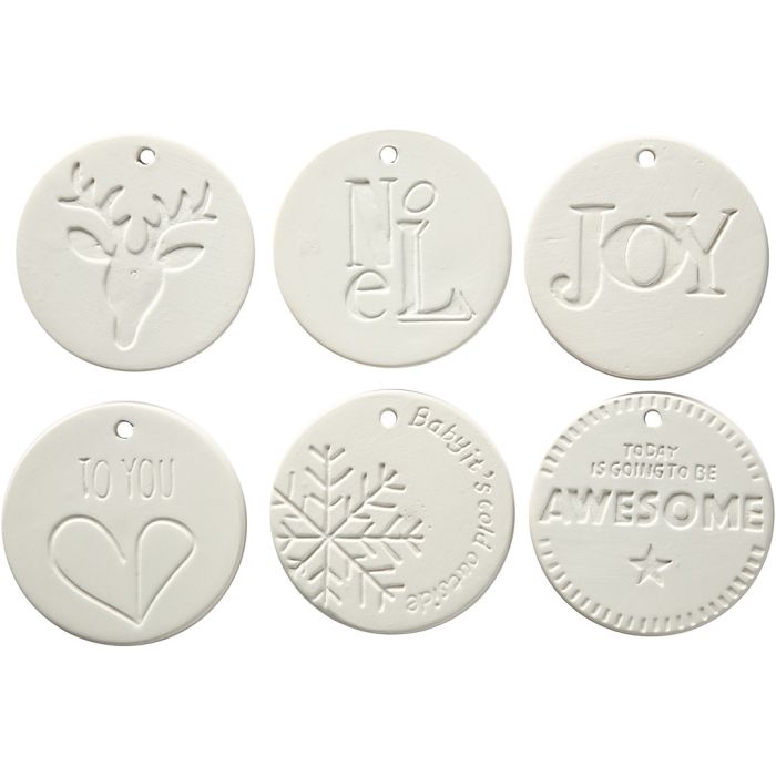 Décorations à suspendre, dim. 7x7 cm, ép. 0,6 cm, blanc, 6 pièces/ 1 Pq.