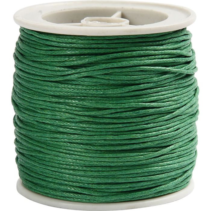 Ficelle de coton, ép. 1 mm, ciré, vert, 40 m/ 1 rouleau