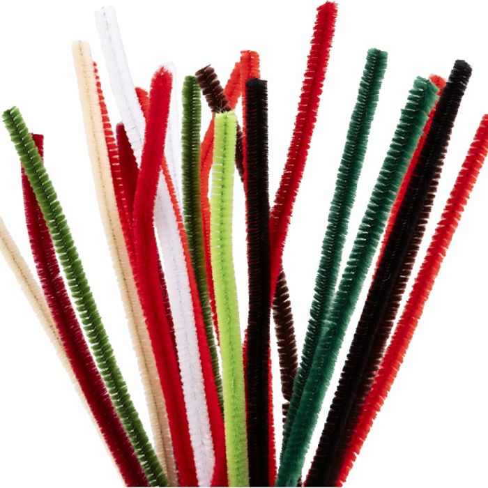 Fil chenille, L : 30 cm, ép. 6 mm, couleurs de noël, 25 ass./ 1 Pq.