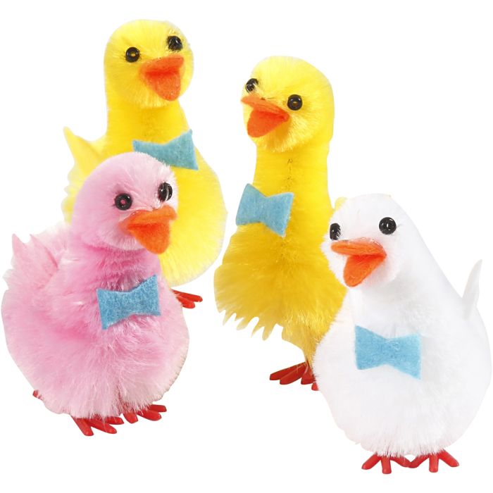 Canards de Pâques, H : 50 mm, rose clair, blanc, jaune, 4 pièces/ 1 Pq.