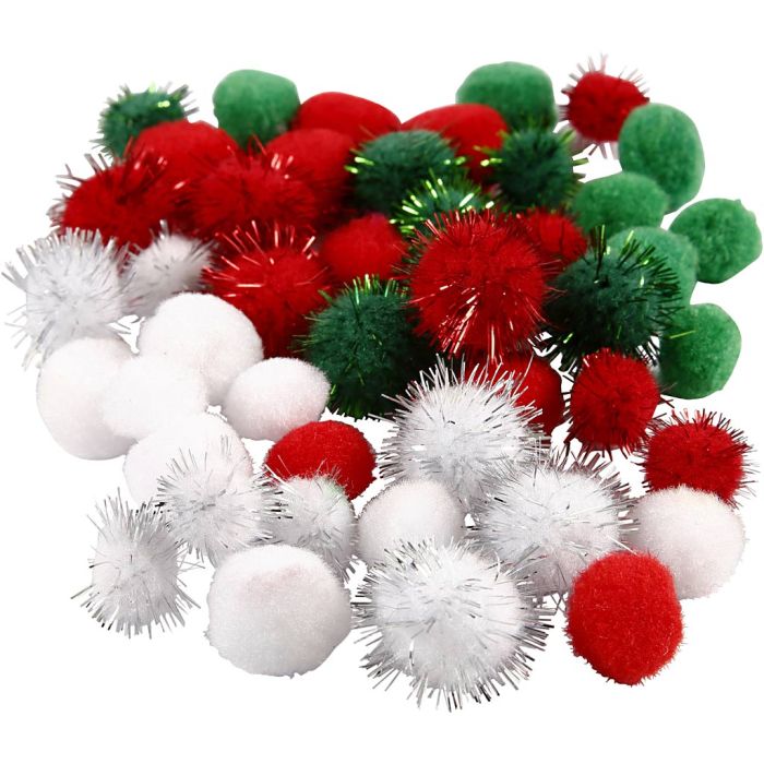 Pompons, d 15+20 mm, vert, rouge, blanc, 48 pièces/ 1 Pq.