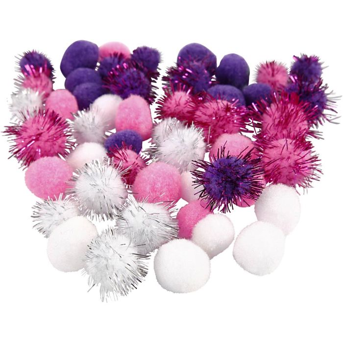 Pompons, d 15+20 mm, violet, rose clair, blanc, 48 pièces/ 1 Pq.