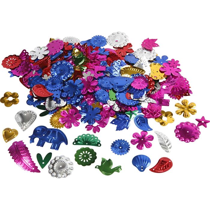 Sequins, dim. 15-45 mm, PET, Couleurs vives, 400 gr/ 1 Pq.