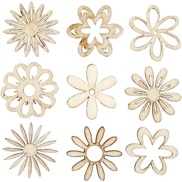 Décorations en bois, fleurs, dim. 28 mm, 45 pièces/ 1 Pq.