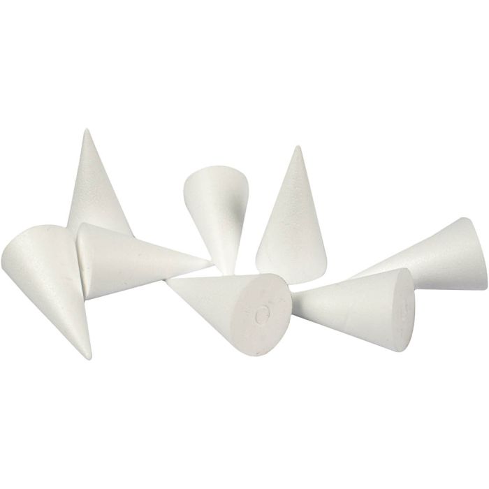 Cônes en polystyrène, H : 11 cm, d 5,5 cm, blanc, 50 pièces/ 1 Pq.