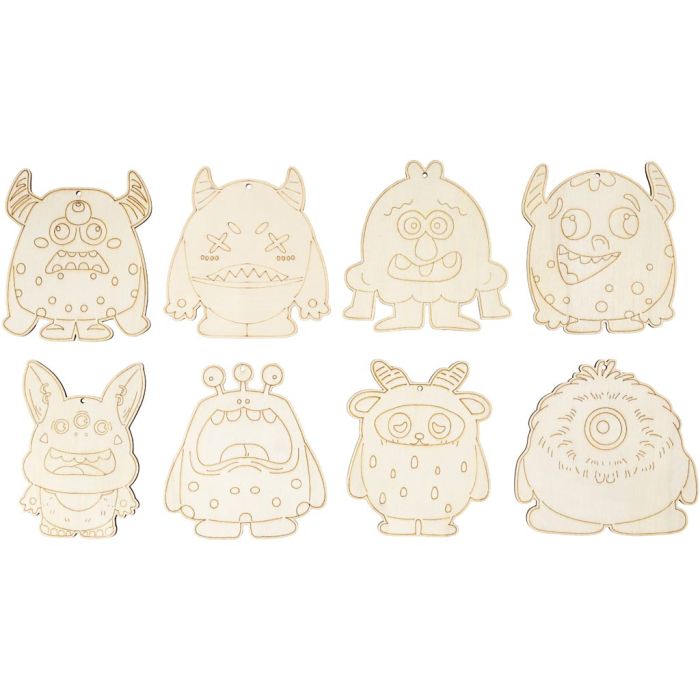 Figurines en bois, Monstres, H : 12,4 cm, ép. 3 mm, 8 pièces/ 1 Pq.