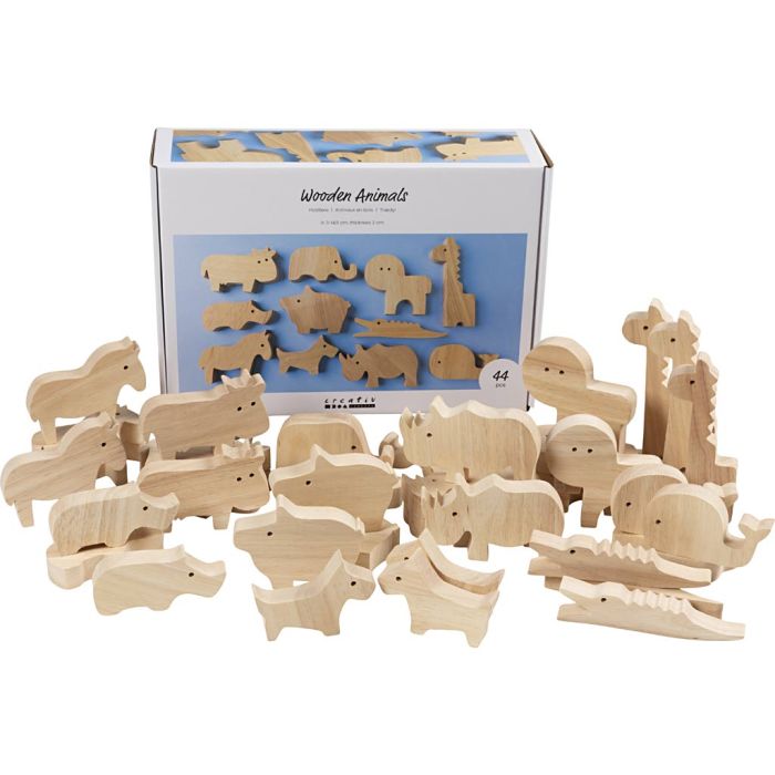 Animaux en bois, Ferme et safari, H : 3-14,5 cm, ép. 2 cm, 44 pièces/ 1 Pq.