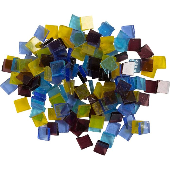 Mosaïques en verre, dim. 10x10 mm, ép. 3 mm, transparent, bleu, bleu clair, violet, jaune, 454 gr/ 1 Pq.