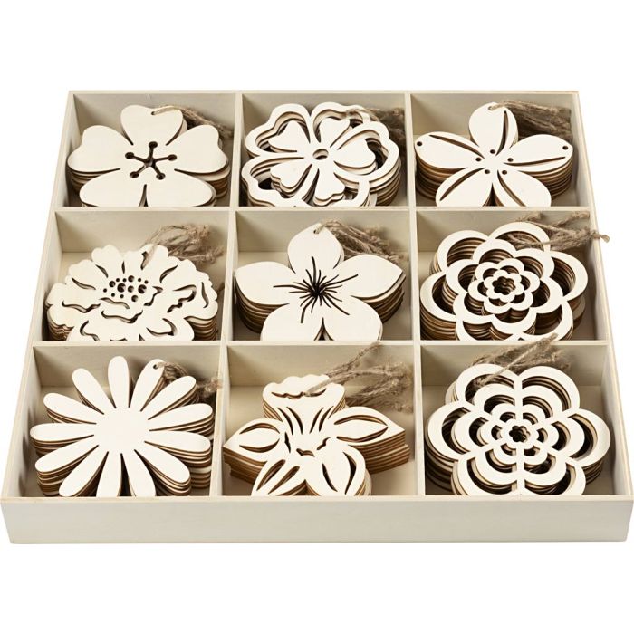 Décorations en bois, d 100 mm, ép. 3 mm, fleurs, 90 pièces/ 1 Pq.