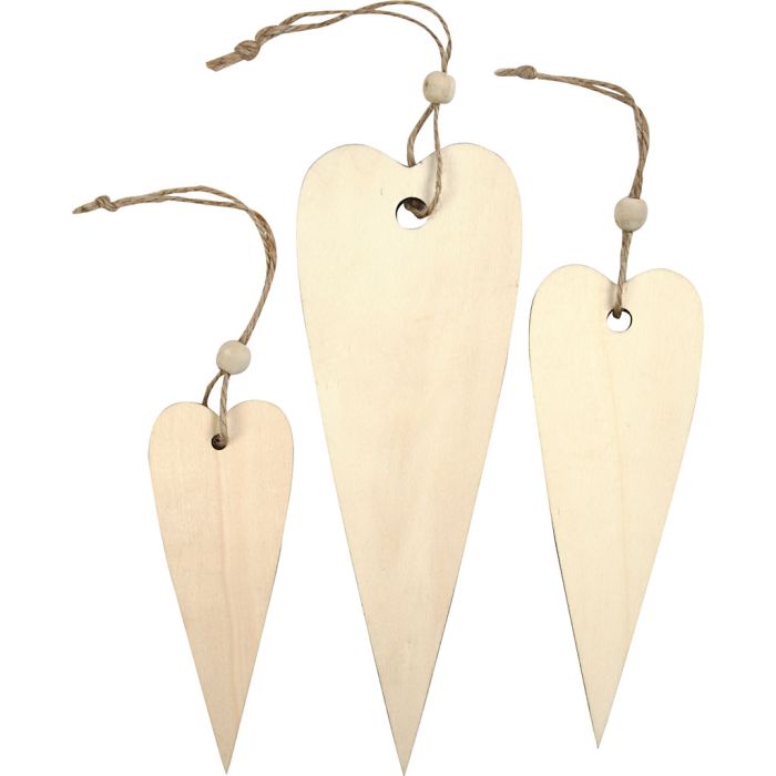 Décorations en bois, coeur allongé, H : 12+16+20 cm, ép. 5 mm, 3 pièces/ 1 Pq.