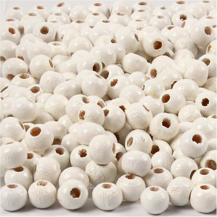 Perles en Bois, d 5 mm, diamètre intérieur 1,5 mm, ca. 150 pièce, blanc, 6 gr/ 1 Pq.