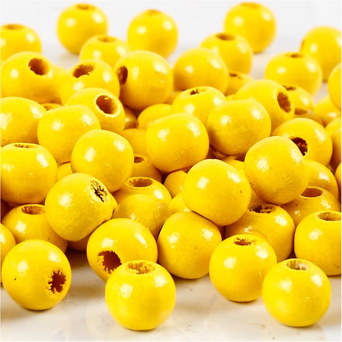 Perles en Bois, d 8 mm, diamètre intérieur 2 mm, ca. 80 pièce, jaune, 15 gr/ 1 Pq.