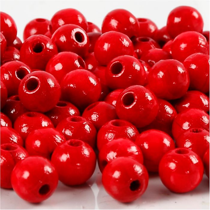 Perles en Bois, d 8 mm, diamètre intérieur 2 mm, ca. 80 pièce, rouge, 15 gr/ 1 Pq.