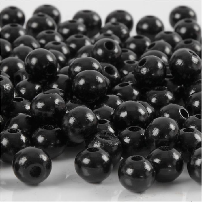 Perles en Bois, d 8 mm, diamètre intérieur 2 mm, ca. 80 pièce, noir, 15 gr/ 1 Pq.
