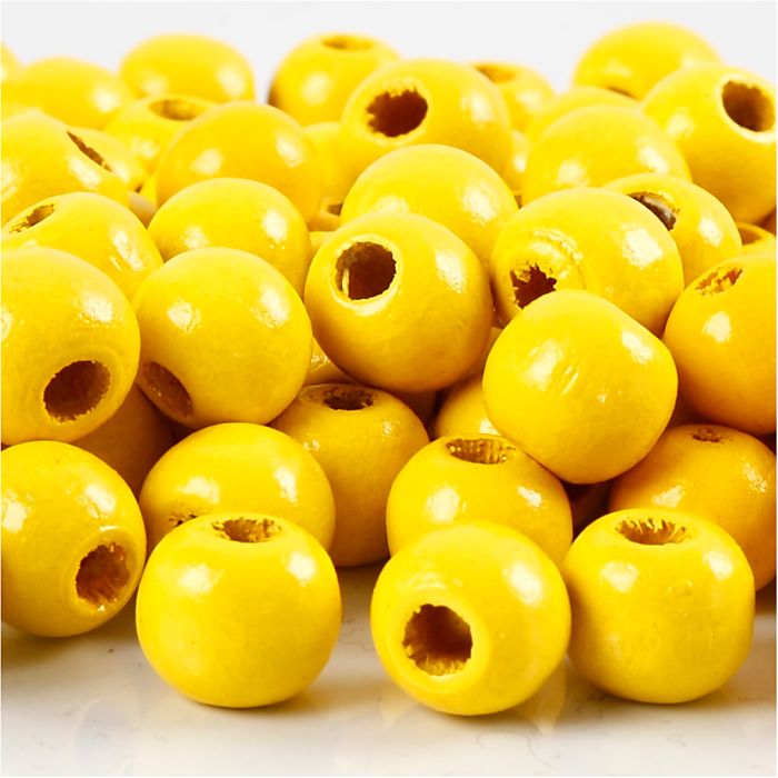 Perles en Bois, d 10 mm, diamètre intérieur 3 mm, ca. 70 pièce, jaune, 20 gr/ 1 Pq.