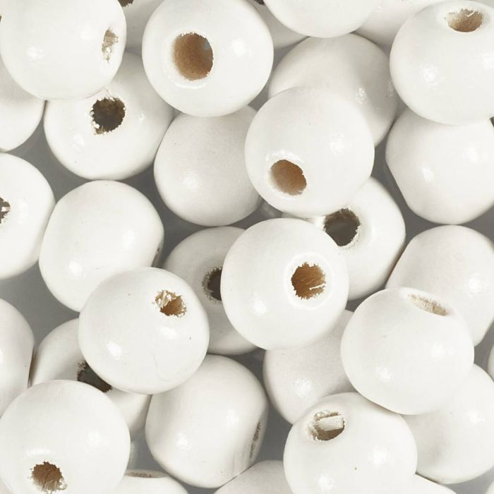 Perles en Bois, d 10 mm, diamètre intérieur 3 mm, blanc, 175 pièce, 50 gr/ 1 Pq.
