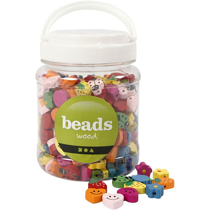 Perles Fantaisies en Bois, dim. 15-20 mm, diamètre intérieur 1,5 mm, ca. 325 pièce, 235 gr, 700 ml/ 1 boîte