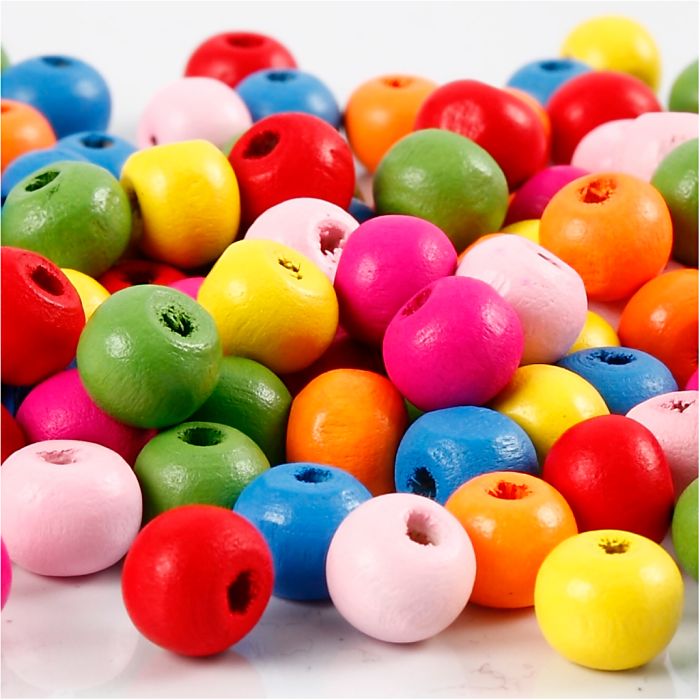 Perles en bois, d 8 mm, diamètre intérieur 1,5-2 mm, ca. 90 ass., ass. de couleurs, 16 gr/ 1 Pq.