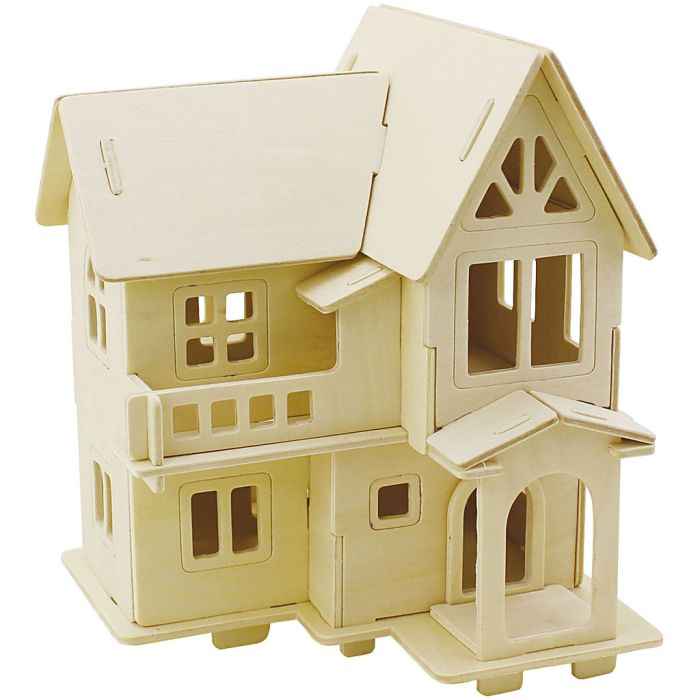 Kit de Construction 3D en bois, Maison avec balcon, dim. 15,8x17,5x19,5, 1 pièce