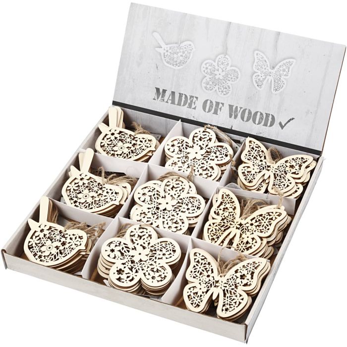 Décorations en bois, papillon, fleur et oiseau, H : 10 cm, L : 10 cm, 90 pièces/ 1 Pq.
