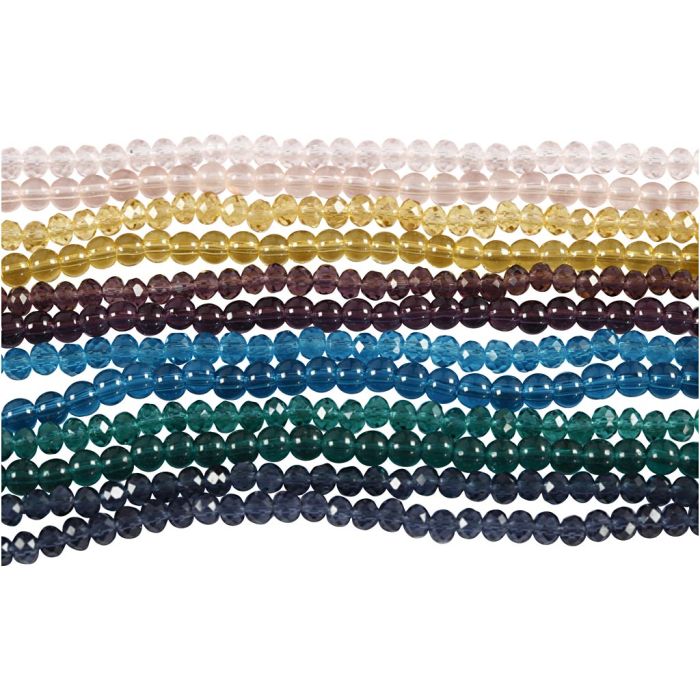 Perles de verre et perles à facettes, d 4 mm, diamètre intérieur 1 mm, 12x45 pièces/ 1 Pq.