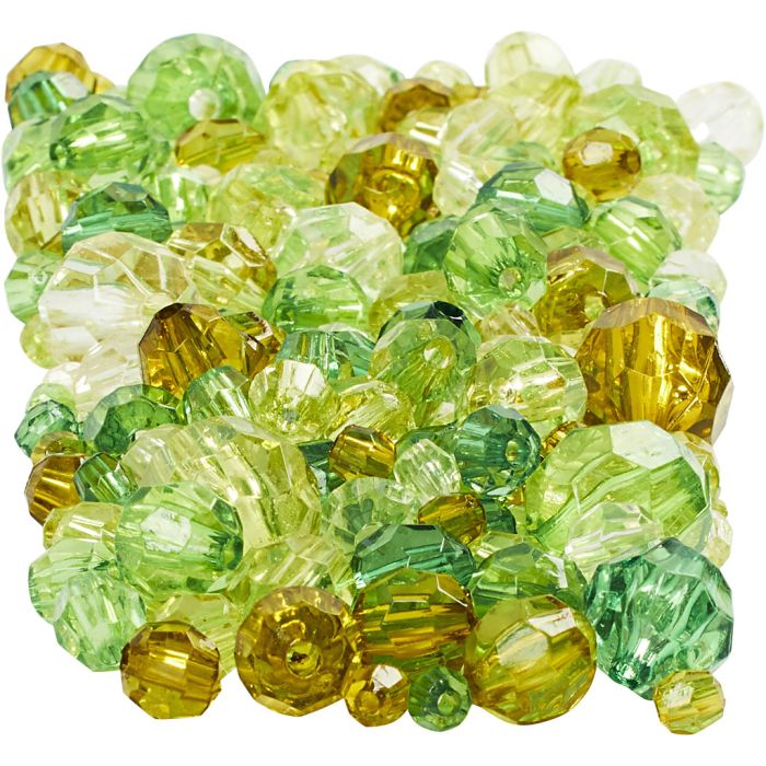Perles à facettes, dim. 4-12 mm, diamètre intérieur 1-2,5 mm, ca. 860 pièce, glitter vert, 250 gr/ 1 Pq.
