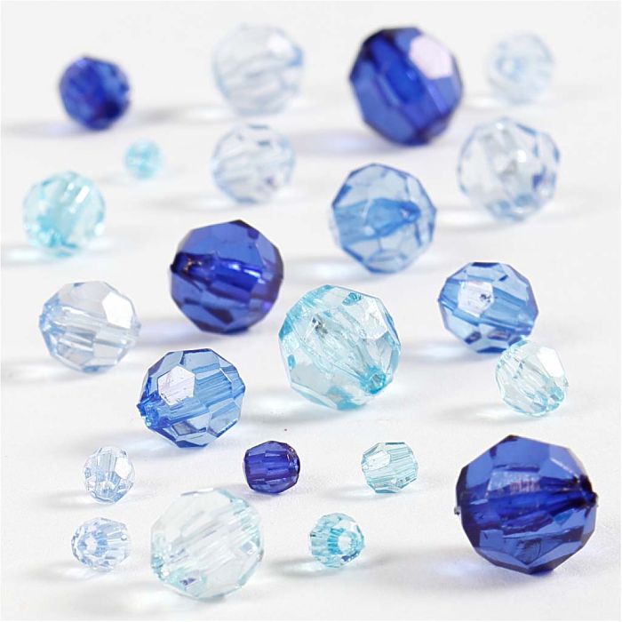 Perles à facettes, dim. 4-12 mm, diamètre intérieur 1-2,5 mm, ca. 170 pièce, harmonie de bleus, 45 gr/ 1 Pq.