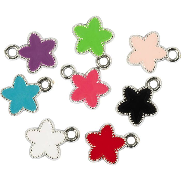 Breloques argentées, étoile, ass. de couleurs, 8 pièces/ 1 Pq.